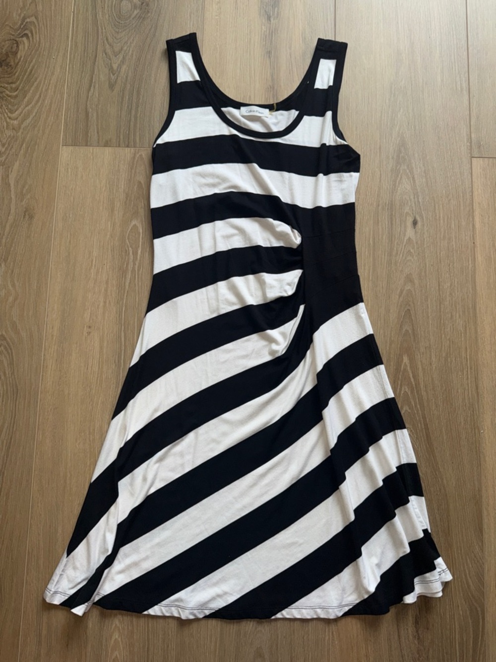Calvin Klein Black and White Diagonal Striped Midi Dress